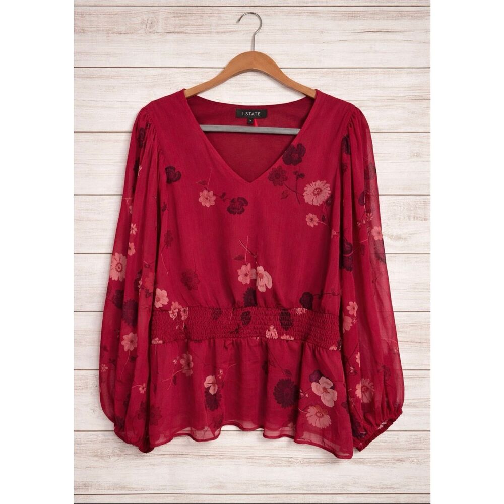 1.STATE Pink Floral Chiffon Peplum Blouse Smocked Waist V-Neck Size M